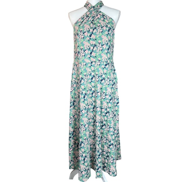 Pact Dresses & Skirts - Pact Organic Cotton Floral Halter Maxi Dress Green Pink XL Cross Front Pockets